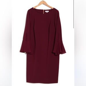 Calvin Klein Bell Sleeve Chiffon Sheath Dress in Rosewood. Sz 16W